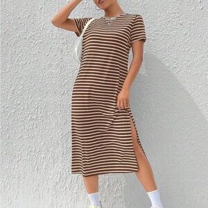 Brown and White Striped Midi Dress
